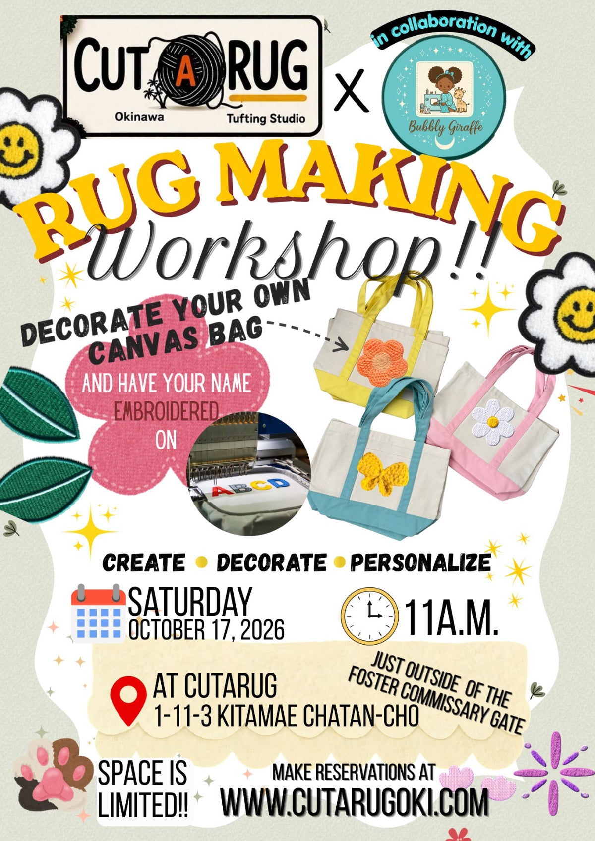 10/17 Saturday Morning Tote Bag/ Embroidery Tufting Class